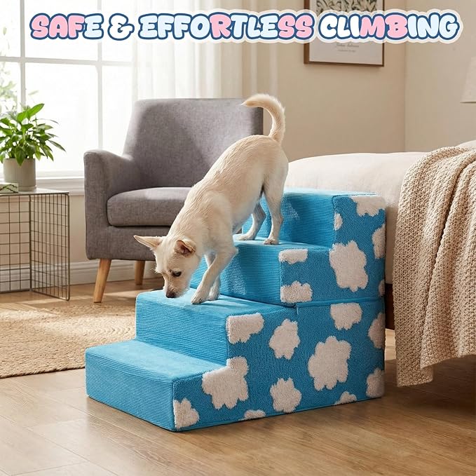 Jetec Dog Stairs for Bed 18" H 4-Step Bottom Foldable Non Slip Foam Dog Pet Stairs 2 in 1 Jacquard Shaggy Plush for High Bed Couch and Sofa Chairs Small Medium Dogs Cats