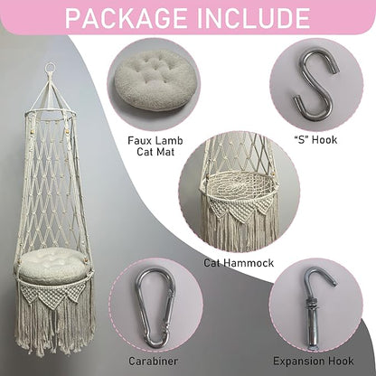 Macrame Cat Hammock 55.11 * 15.74INCH with Faux Lamb Cushion, Handwoven Hanging Bed for Space-Saving Indoor Décor, Cat Swing for Playing Sleeping Climbing and Lounging