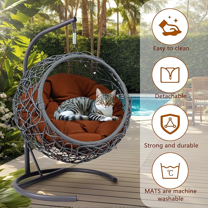 Cat Egg Chair with Stand & Cushion, Cat Swing Bed with Rattan Wicker Appearance, Hanging Chair for Indoor Cats Pet Kitten Puppy Small Dogs (Brown, 17.70 Inch)