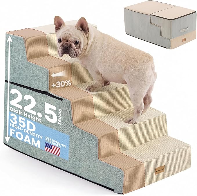 Gardner Pet Dog Stairs for Small Dogs 22.8" H, 5-Step Extra Wide Dog Stairs for High Bed, Pet Steps for Small Dogs and Cats Couch with Durable Non-Slip Waterproof Fabric Cover and Soft Foam, Beige
