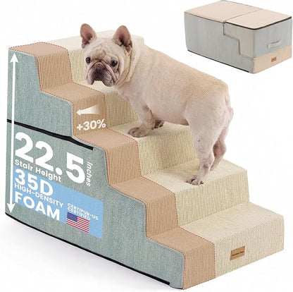 Gardner Pet Dog Stairs for Small Dogs 22.8" H, 5-Step Extra Wide Dog Stairs for High Bed, Pet Steps for Small Dogs and Cats Couch with Durable Non-Slip Waterproof Fabric Cover and Soft Foam, Beige