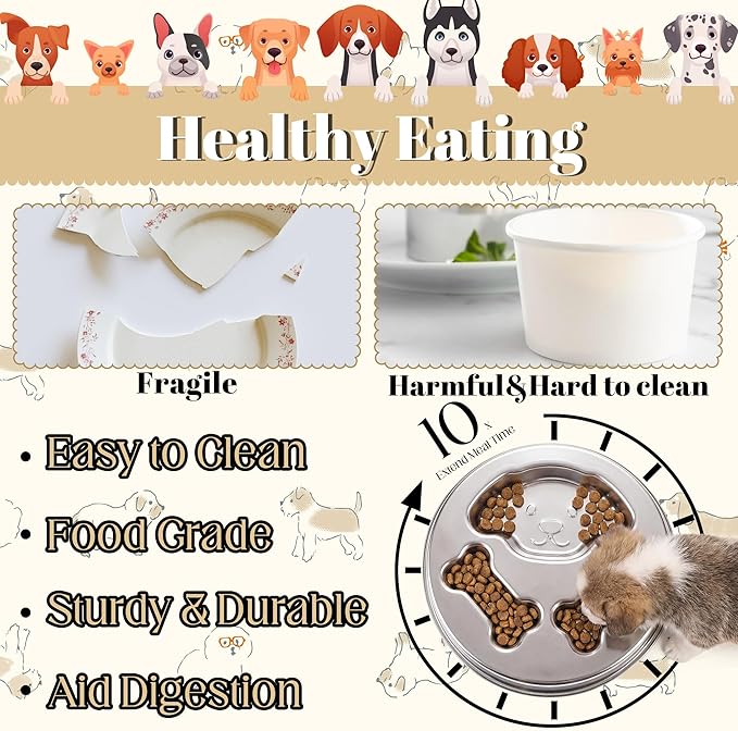 2-Cup Dual Sided Slow Feeder Dog Bowl - Stainless Steel Bowl for Small Medium Puppies, Food-Grade, Dishwasher Safe, Slow Eating for Healthy Pet Digestion
