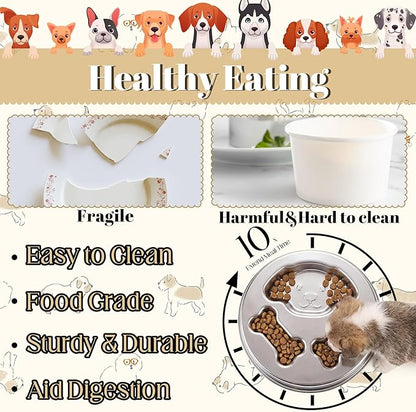 2-Cup Dual Sided Slow Feeder Dog Bowl - Stainless Steel Bowl for Small Medium Puppies, Food-Grade, Dishwasher Safe, Slow Eating for Healthy Pet Digestion