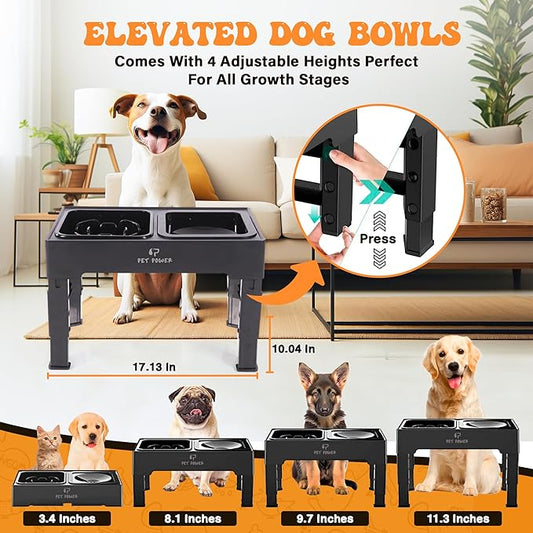 Dog Bowls Elevated Large Breed, Raised Dog Bowl Stand with 4 Adjustable Height, Slow Feeder Dog Bowls & No-Spill Water Bowl for Small, Medium, Large Dogs