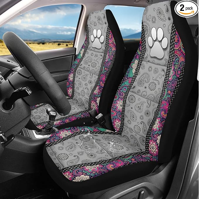 Dog Paw Car Front Seat Covers Boho Floral 2 Packs Automotive Front Seat Covers Waterproof Bucket Seat Cover Protective Car Interior Accessory