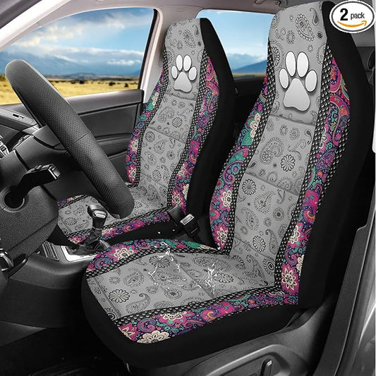 Dog Paw Car Front Seat Covers Boho Floral 2 Packs Automotive Front Seat Covers Waterproof Bucket Seat Cover Protective Car Interior Accessory