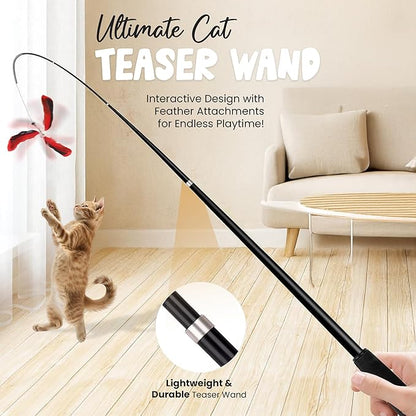 Hi Pets- Cat Wand with 4 pcs Natural Teaser Feathers, Interactive for Indoor Cats,1pc 72 in, Telescopic Cat Wand Long and Flexible, Interactive for Teaser Play and Chase Exercise with Kitten.