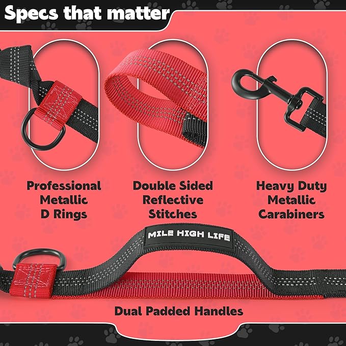 Mile High Life Hands Free Waist Leash for Dog Running Training and Jogging, Adjustable Belt with Double Handle, Reflective Bungee for Medium Large Dogs (Red, 7FT)