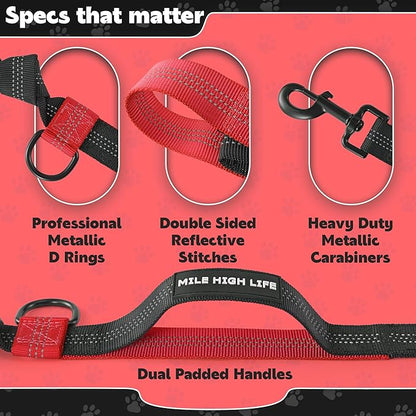 Mile High Life Hands Free Waist Leash for Dog Running Training and Jogging, Adjustable Belt with Double Handle, Reflective Bungee for Medium Large Dogs (Red, 7FT)