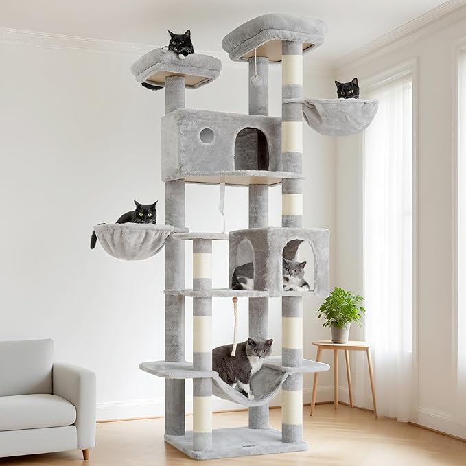 Tall Cat Tree, Large Cat Tower for Adult Cats, 80.7'' (205cm) Heavy-Duty Cat Tree House for Indoor Cats 20 lbs+ with Scratching Posts, 2 Top Perches/Condos, Hammcok, Light Gray GCT034W