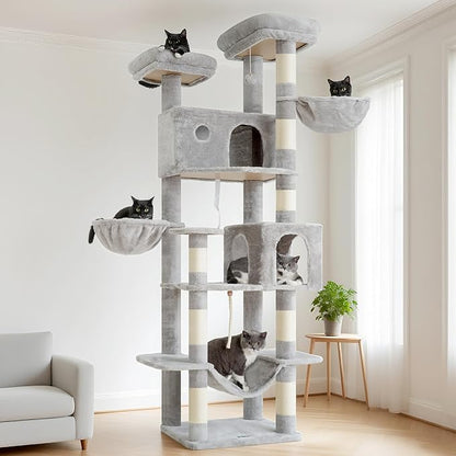 Tall Cat Tree, Large Cat Tower for Adult Cats, 80.7'' (205cm) Heavy-Duty Cat Tree House for Indoor Cats 20 lbs+ with Scratching Posts, 2 Top Perches/Condos, Hammcok, Light Gray GCT034W