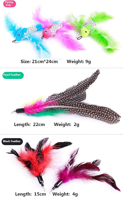 2 Pcs Cat Toys Interactive Refill Replacement Feather Pack Furry Tail Butterfly Dragonfly Fish Mouse Caterpillar Worm Birds Feathers for Kitten Cats, 21 Variety Styles CT15-4 Flying Fish