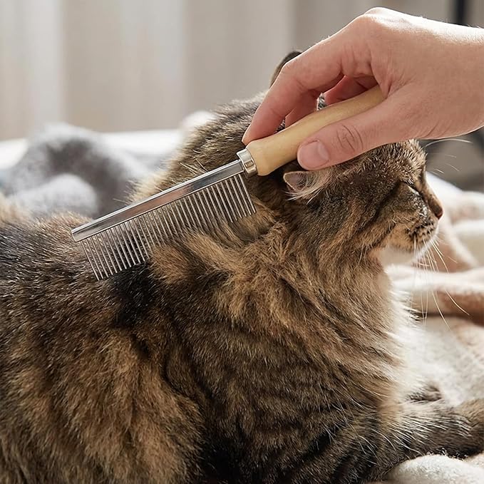 Pet Comb - Stainless Steel Teeth and Wooden Handle - Detangling and Smoothing Tool for Long and Short Hair Dogs and Cats
