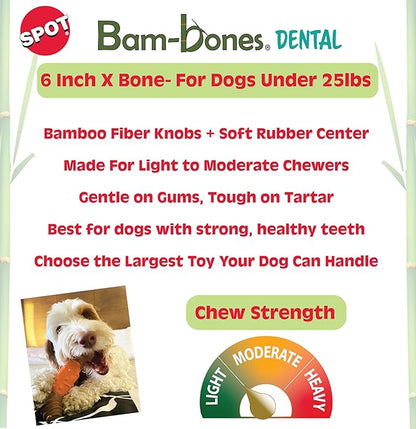 SPOT Bam-Bones Dental X-Bone - Made with Bamboo Fiber and a Massaging Rubber Center to Keep Teeth Clean, Durable Oral Care Dog Chew for Light Chewers & Teething Puppies Under 25lbs, 6in, Apple Flavor