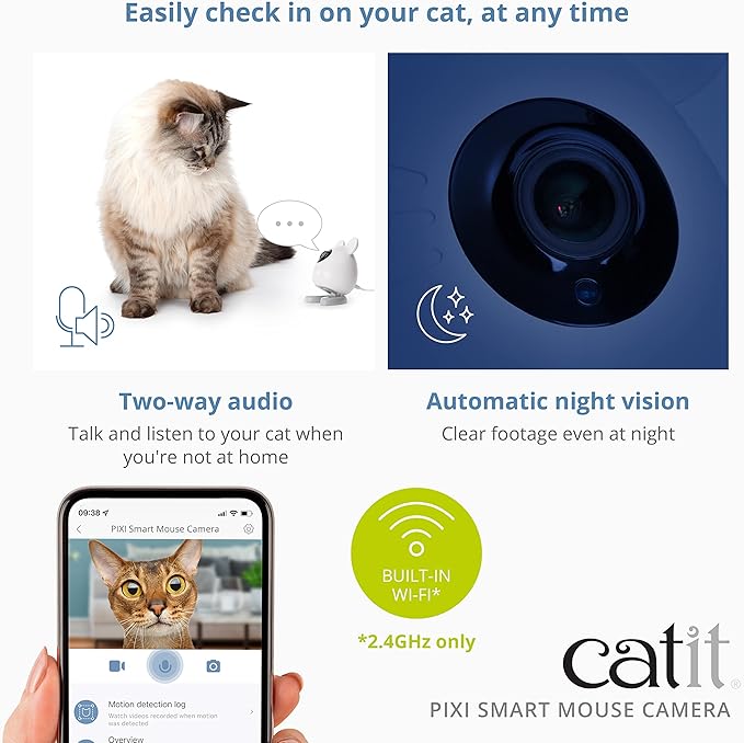 Catit PIXI Smart Mouse Pet Camera – App-Controlled 360 Camera for Cats with Night Vision, 2-Way Audio & Motion Detection – Record & Monitor Your Cat