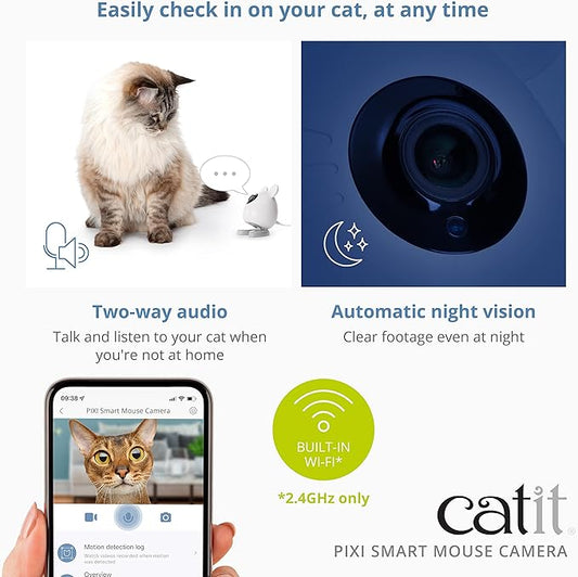 Catit PIXI Smart Mouse Pet Camera – App-Controlled 360 Camera for Cats with Night Vision, 2-Way Audio & Motion Detection – Record & Monitor Your Cat