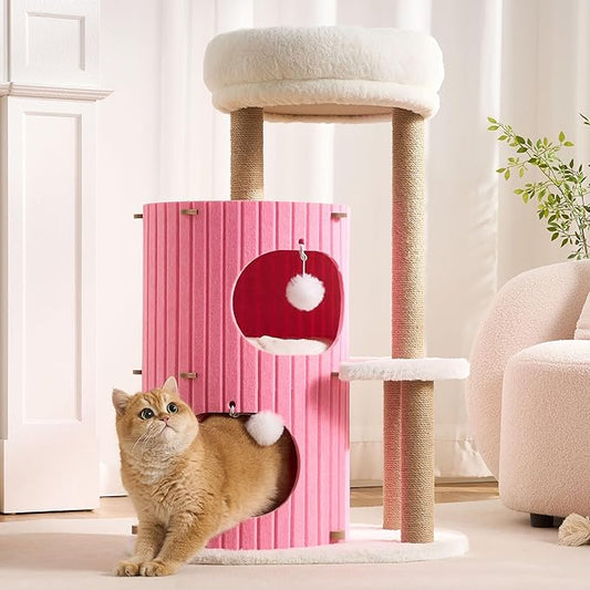 Modern Cat Tree for Indoor Cats Large Adult, 36in H Cat Tree Tower with Scratching Posts, Cozy Cat Bed Cave, Washable Cushions, Dangling Balls, Play&Nap Cat House Condo for All Breeds, Pink