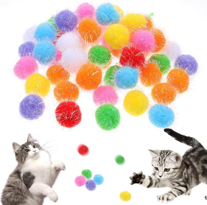 60 Pcs Cat Pom Pom Balls - 1.5 Inch Interactive Cat Ball Toy - Multicolor Sparkle Fuzzy Balls for Exercise and Entertainment