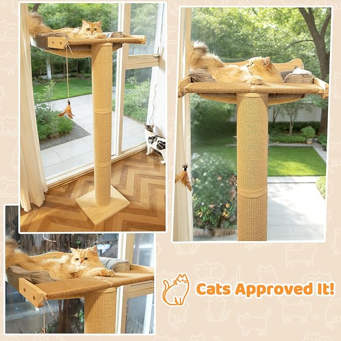 54.3" Cat Window Perch with 3 Adjustable Roman Column Sisal Posts, Gray Rabbit Fleece Cushions, Drill-Free Suction Cups, Multi-Level Bird Watching Perch, 60 lbs Capacity