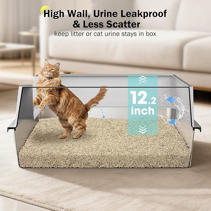 Stainless Steel Litter Box Extra Large for Big Cats Multi-Cats, Jumbo Extra Large Metal Cat Litter Box with High Sided Lid, Anti-Urine Leakage, Non-Stick,Include Litter Scoop