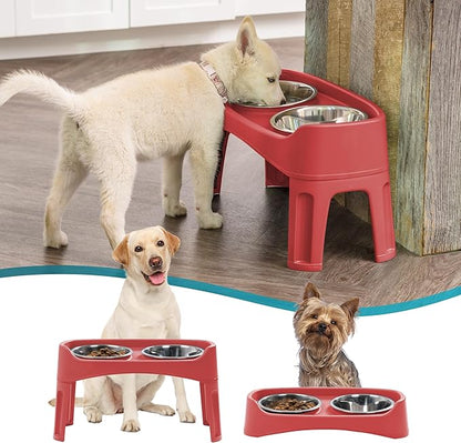 IRIS USA Adjustable Elevated Dog Bowls, Raised Feeder with 2 Stainless Steel 64 oz Bowls, Spill-Guard Rim, 12.25" or 4.63" Heights, Durable Plastic, Made in USA, Red