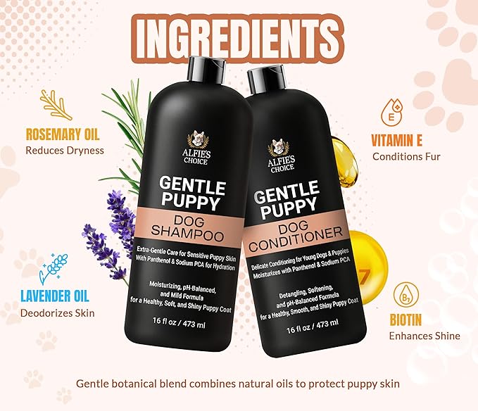 ALFIE'S CHOICE Puppy Shampoo and Conditioner Set | 16 fl oz Each | Gentle Formula for Sensitive & Itchy Skin | Panthenol & Sodium PCA | for Puppies, Adults & All Breeds | Made in USA
