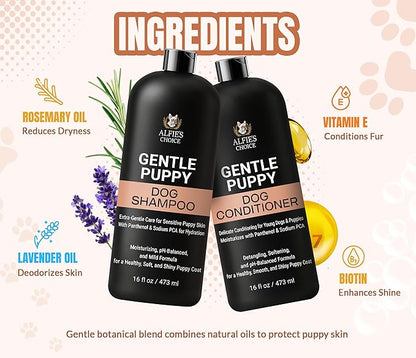 ALFIE'S CHOICE Puppy Shampoo and Conditioner Set | 16 fl oz Each | Gentle Formula for Sensitive & Itchy Skin | Panthenol & Sodium PCA | for Puppies, Adults & All Breeds | Made in USA