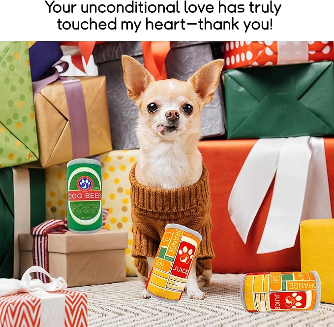 Squeaky Plush Dog Toys 2 Pack - Funny Beer Puppy Toys with Squeaker for Small Medium Large Dogs, Soft Stuffed Chew Toys for Birthday Gifts(Green&Orange)