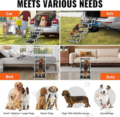 VEVOR Dog Stair for Cars, Wide 5-Step Dog Car Steps, Folding Dog Car Ramp with Nonslip Surface, Portable Pet Steps Lightweight Aluminum for Car, SUV and Truck, Supports up to 150 lbs