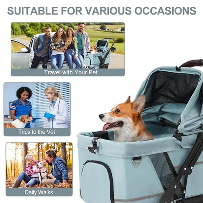 NO-Zip Pet Stroller for Small Dogs & Cats, Lightweight Dog Stroller with Reflective Safety Strips, One-Hand Fold, Claw-Proof Mesh, Breathable Travel Carriage, 33lbs Capacity, Light Blue