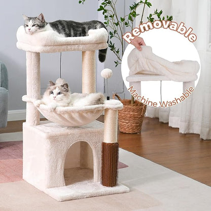 Cat Tree 32 Inches Small Cat Tree for Large Cats Adult Cat Tower with Scratching Post,15.7”Large Hammock and Self Groomer, and Removable Top Perch and Wide Condo for Indoor Cats-Beige