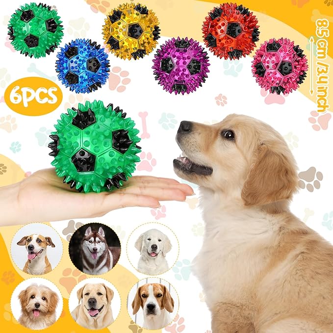 6 Pcs 3.4'' Spiky Squeaker Soccer Ball Dog Toy for Medium Large Dogs Heavy Duty Rubber Chew Toys for Aggressive Chewers Spiky Ball Fetch for Training Clean Teeth Outdoor