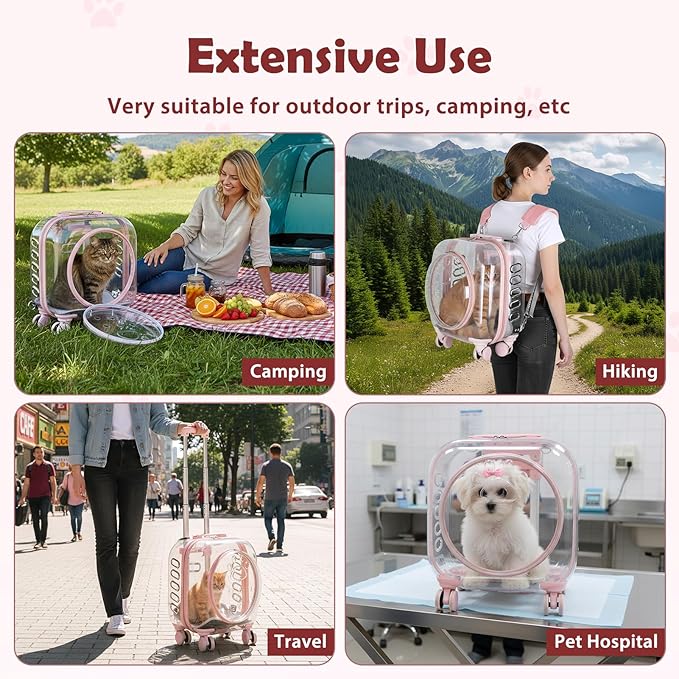 Pet Trolley Case with Ventilation Holes, Pet Carrier,Pet Rolling Carrier,Clear Window Pet Trolley Case,Pet Strollers for Small Dogs,Cat Carrier with Silent Wheels Telescopic for Travel (Pink-A)