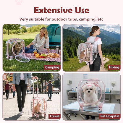 Pet Trolley Case with Ventilation Holes, Pet Carrier,Pet Rolling Carrier,Clear Window Pet Trolley Case,Pet Strollers for Small Dogs,Cat Carrier with Silent Wheels Telescopic for Travel (Pink-A)