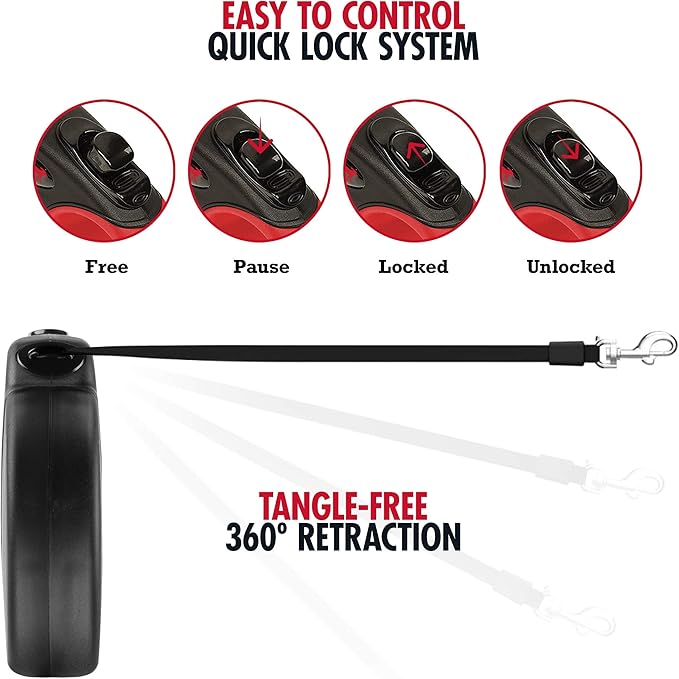 Tuff Pupper Heavy Duty Retractable Dog Leash | 16 ft Dog Leash with Reflective Stitching for Nighttime Safety | One Button Lock and Release | Comfortable Hand Grip | for Dogs Up to 44 lbs Black/Red