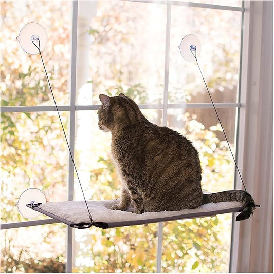 K&H Pet Products Window Lounger Cat Window Perch for Large Cats, Sturdy Kitty Sill Window Hammock Bed, Steel Frame, Sturdy Suction Cups, Washable Shelf Cover, Foldable - 23 X 12in Fleece