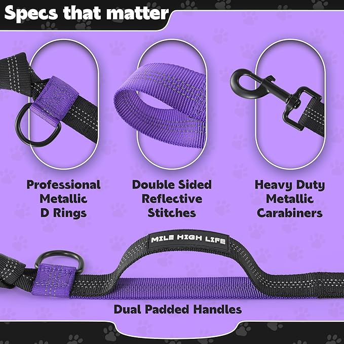 Mile High Life Hands Free Waist Leash for Dog Running Training and Jogging, Adjustable Belt with Double Handle, Reflective Bungee for Medium Large Dogs (Purple, 7FT)
