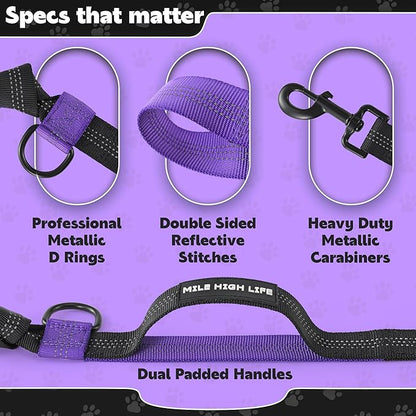 Mile High Life Hands Free Waist Leash for Dog Running Training and Jogging, Adjustable Belt with Double Handle, Reflective Bungee for Medium Large Dogs (Purple, 7FT)