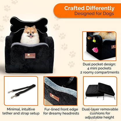 Yara’s Woofyverse Dog Seat for Car – Booster Seat for Small & Medium Dogs with Adjustable Cushions, Fur-Lined Headrest & 6-Pocket Storage – Portable Pet Car Seat for Front/Back Travel – Midnight Ash