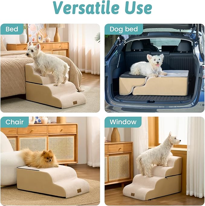 Detachable Curved Wide Dog Stairs 19.7" H, 4 Step Small Dog Step for Puppy or Older Cat, Ramp for Bed, Sofa, Couch or Chair, Ladder with High Density Foam, 17.7x28.3x19.7 inch, Beige