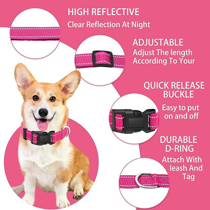 Reflective Dog Collar with Safety Locking Buckle, Adjustable Soft Breathable Nylon Collars for Small, Medium and Large Dogs(Collar+Leash L Hotpink)