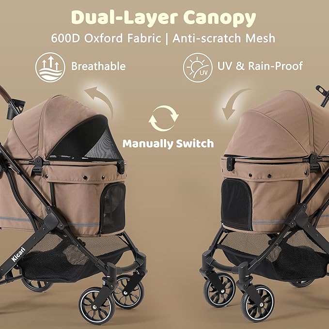 All-Terrain Dog Stroller for Small to Medium Dogs, Pet Stroller for Dogs & Cats Outdoor Walks, One-Hand Easy Fold, Double-Layer Anti-UV & Waterproof Canopy & Breathable Mesh, Mocha Brown