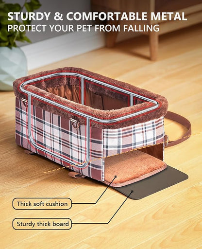 Center Console Dog Car Seat, Puppy Carseat for Small Dogs, Cat Car Seat with Metal Frame and Double Protection Seat Belts, Pet Booster Seat with Washable Cushion and Clip-on Leash Cute Plaid