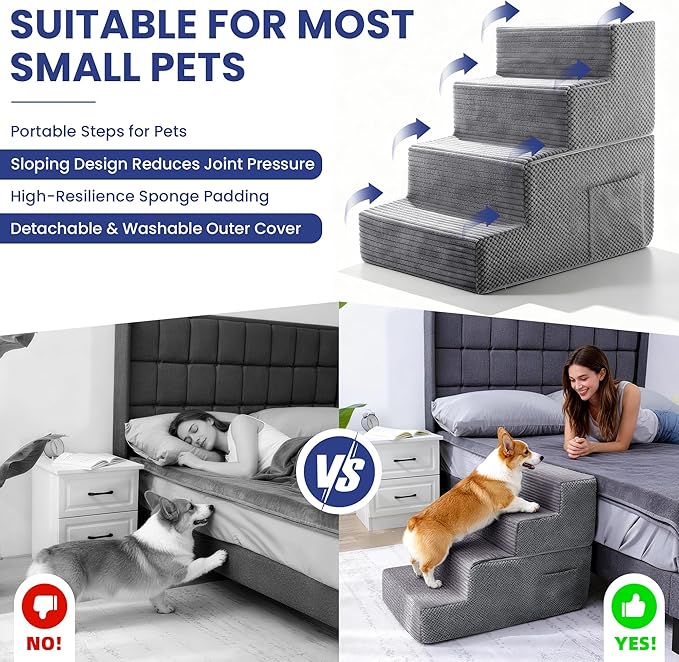 Dog Stairs for Small Dogs, 4-Step Dog Ramp for Bed 17.3" H, Dogs Steps for Bed, Couch, Pet Stairs with Non-Slip Bottom Design,High Density Foam Portable Pet Steps, Grey