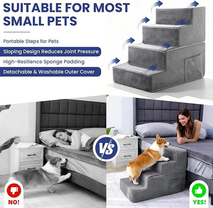 Dog Stairs for Small Dogs, 4-Step Dog Ramp for Bed 17.3" H, Dogs Steps for Bed, Couch, Pet Stairs with Non-Slip Bottom Design,High Density Foam Portable Pet Steps, Grey