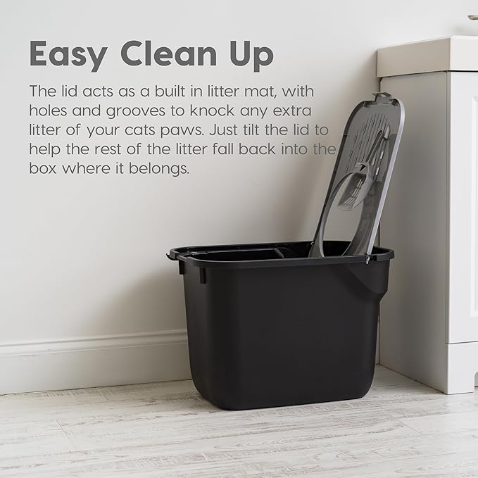 IRIS USA Large Cat Litter Box Top Entry with Lid, Enclosed Litter Box with Litter Catching Lid & Scoop, Covered Cat Litter Box Enclosure for Privacy, High Sided, Black/Gray