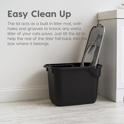 IRIS USA Large Cat Litter Box Top Entry with Lid, Enclosed Litter Box with Litter Catching Lid & Scoop, Covered Cat Litter Box Enclosure for Privacy, High Sided, Black/Gray