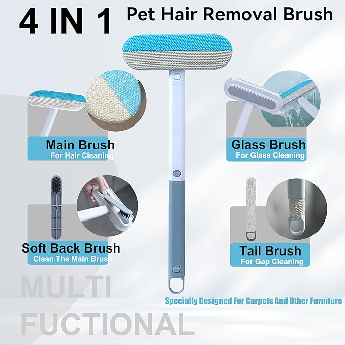 Magic pet Hair Remover Set for Dogs & Cats, Includes 4-in-1 Extended Handle Hair Brush, Hair Glove & Free Metal Storage Hook, Works Great on couches, Carpets, Furniture, car Seats and Hard Surfaces.