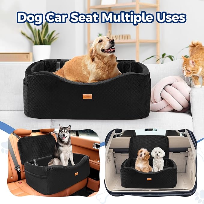 Dog Car Seat for Large Dogs up to 60 lbs or 2 Small Dogs with 4" Memory Foam, Back Seat Medium Pet Booster Seat with Triple Safety Belts, Adjustable Leashes, Detachable/Washable (Dark Black, Large)
