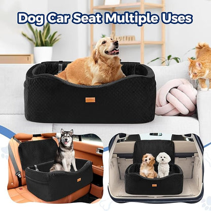 Dog Car Seat for Large Dogs up to 60 lbs or 2 Small Dogs with 4" Memory Foam, Back Seat Medium Pet Booster Seat with Triple Safety Belts, Adjustable Leashes, Detachable/Washable (Dark Black, Large)
